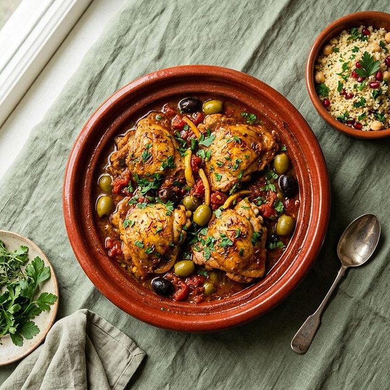 Chicken tagine with olives and couscous