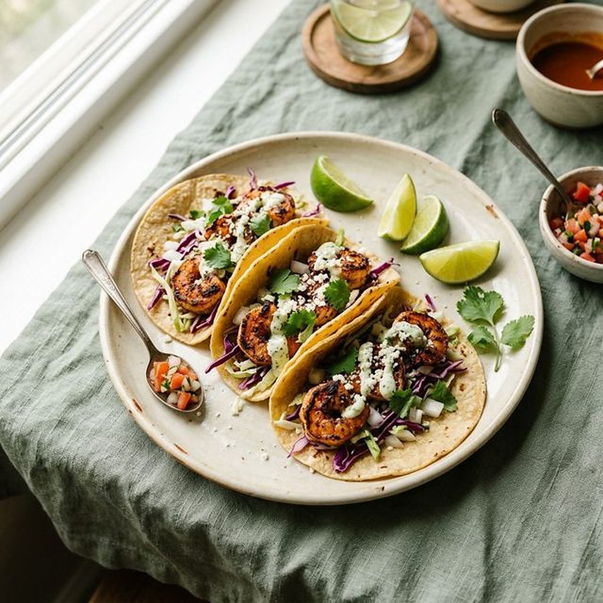 Shrimp tacos with cabbage slaw and lime on a ceramic plate