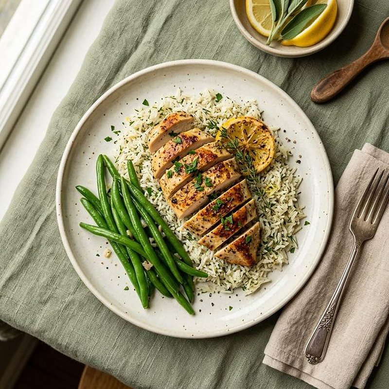 Sliced chicken over lemon rice with green beans