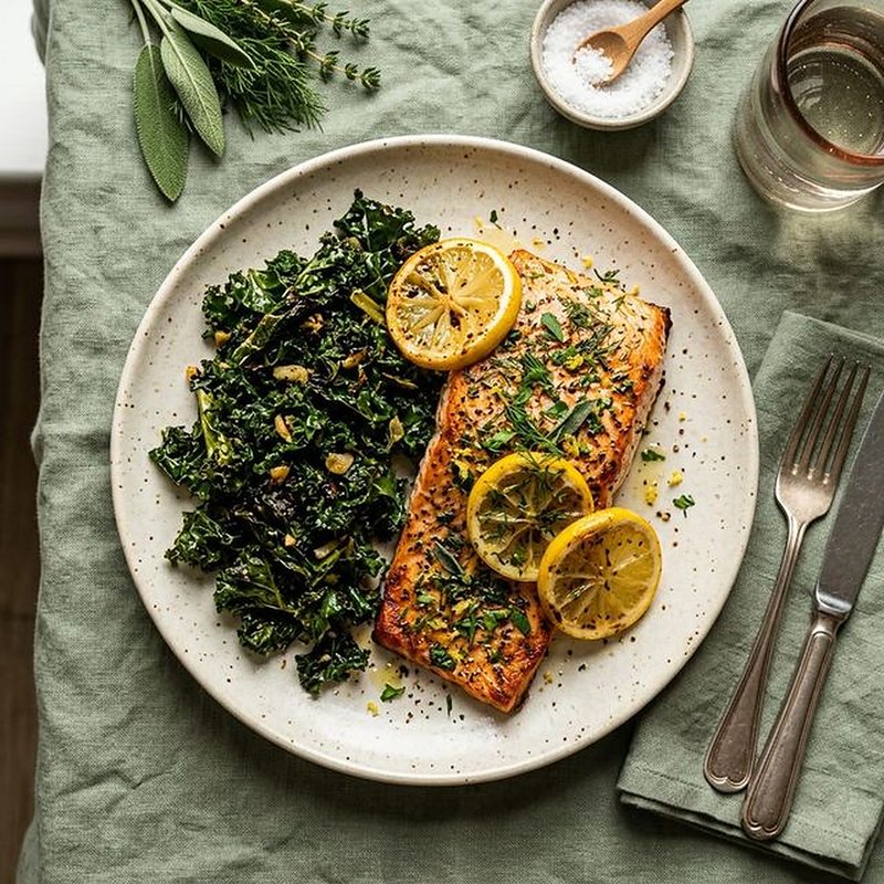 Roast salmon over garlicky kale with lemon