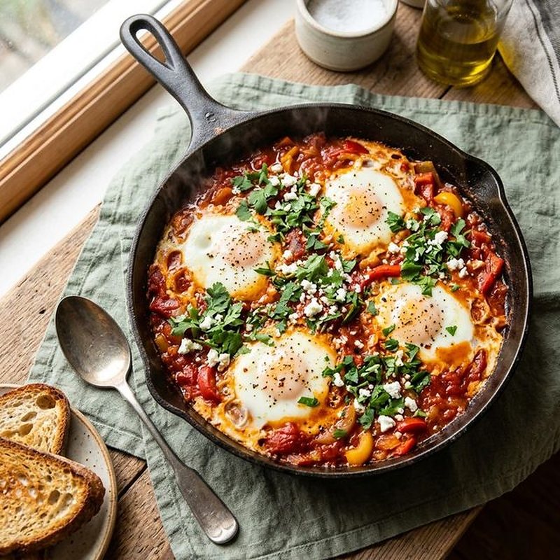 Shakshuka in a cast-iron skillet with toast