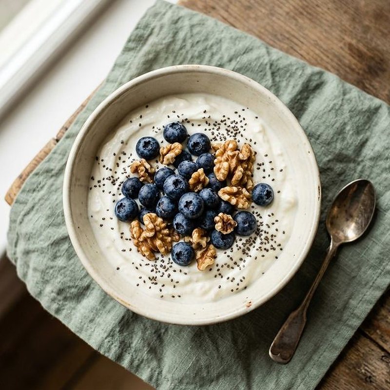 Greek yogurt bowl with blueberries and walnuts